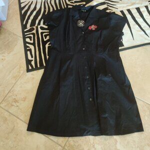 Sourpuss Black Button-Front Shirt Dress with Red Skull Patch